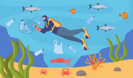 Diver cleans sea. Man in diving suit explores seabed and clears plastic bottles. Fight against ocean pollution. Eco friendly activist and volunteer. Cartoon vector illustrationのイラスト素材
