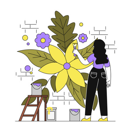 Mural artist at street. Woman with brush and paints paints flower on brick wall. Street art and youth culture. Vandalism and hooliganism. Linear vector illustration isolated on white backgroundのイラスト素材