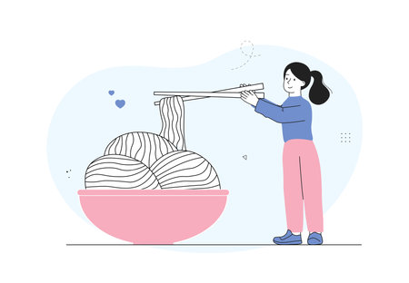 Woman with noodles. Young girl with chopsticks eats ramen. Traditional Asian food. Korean and Chinese cuisine. Cafe and restaurant. Linear vector illustration isolated on white backgroundのイラスト素材