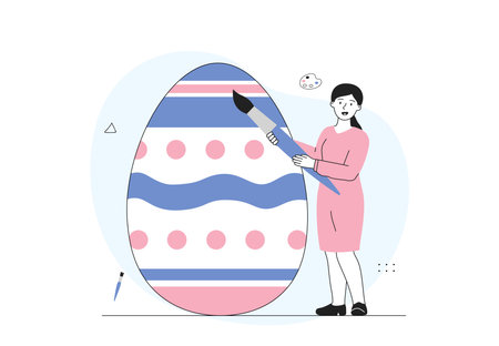 Woman painting Easter egg. Young girl with brush paints patterns on egg. Religious spring holiday and festival. Christian traditional event. Linear vector illustration isolated on white backgroundのイラスト素材