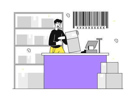 Man with barcode reader. Young guy scans qr code. Inventory and marketing, shopping. Seller sells goods at checkout in store. Linear flat vector illustration isolated on white backgroundのイラスト素材