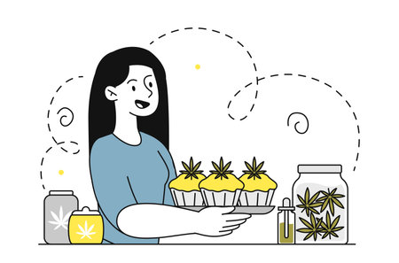 Woman with cannabis. Young girl with grass cakes. Drug addiction and dependency. Legalized medicine. Person with narcotic in pastry. Linear flat vector illustration isolated on white backgroundのイラスト素材