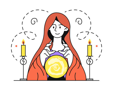 Fortune teller woman. Clairvoyant sits with crystal ball and candles. Forecasting and prediction of future. Mysticism and esotericism. Linear flat vector illustration isolated on white backgroundのイラスト素材