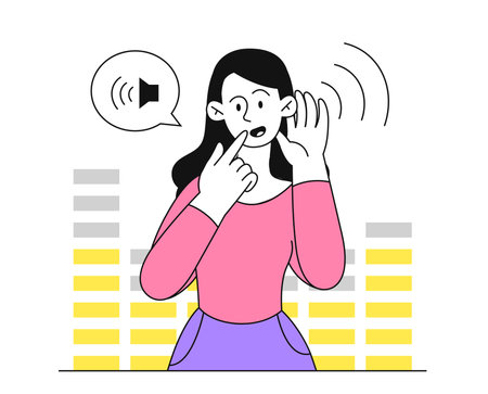 Woman eavesdrops concept. Young curious girl trying to hear rumors and secrets. Person with news and gossips. Curiousity and espionage. Linear flat vector illustration isolated on white backgroundのイラスト素材