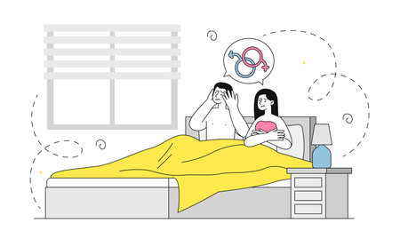 Intimate problems concept. Dissatisfied man and woman lying in bed under blanket. Married couple in crisis. Negative feelings and emotions. Linear flat vector illustration isolated on white backgroundのイラスト素材