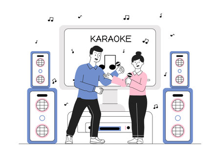 People in karaoke. Man and woman with microphones sing song. Friends spending time together. Cultural recreation and entertainment. Linear vector illustration isolated on white backgroundのイラスト素材