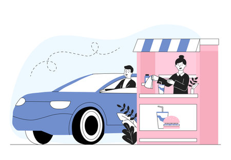 Order from car. Man in automobile orders fast food from cafe. Catering for drivers. Take away eating. Driver buy burger with soda. Linear vector illustration isolated on white backgroundのイラスト素材