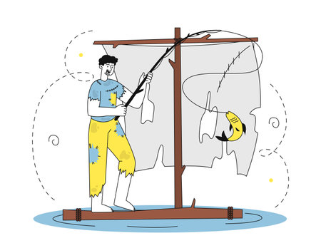 Shipwreck survivor concept. Man in torn clothes floats on raft with torn flag. Young guy after accident and disaster in sea or ocean. Linear flat vector illustration isolated on white backgroundのイラスト素材