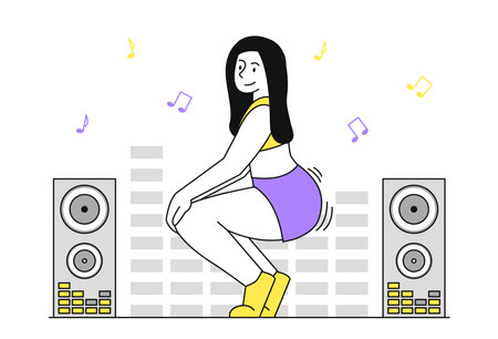 Woman dance twerk. Young girl performs on stage. Person stars in rap video and shakes his ass. Popular modern hip hop dances. Linear flat vector illustration isolated on white backgroundのイラスト素材