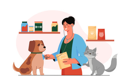 Veterinarian with pets. Woman in medical uniform with stethoscope examines cat and dog. Health care and medicine, treatment. Care about domestic animals. Flat vector illustration isolated on whiteのイラスト素材