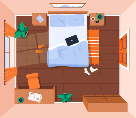 Bedroom top view. Bed with laptop near closet with clothes and bedside table with smartphone. Modern interior and room design. Trendy decoration for apartment. Flat vector illustrationのイラスト素材