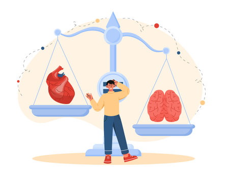 Brain or heart. Woman stands near scales. Comparison of emotional and logical decisions. Intelligence verus empathy, EQ vs IQ. Flat vector illustration isolated on white backgroundのイラスト素材