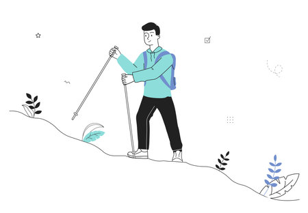 Man with camping. Young guy with backpack climbs mountain. Active lifestyle and sports. Tourist and traveler at hill. Person with hiking. Linear vector illustration isolated on white backgroundのイラスト素材