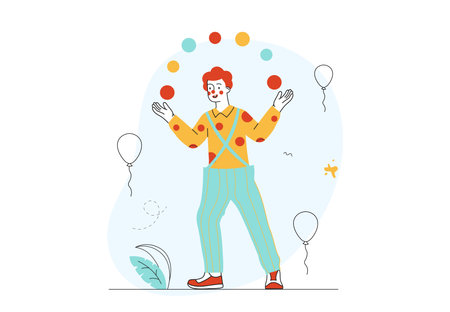 Clown juggling concept. Man costume and mask juggles colorful balls. Circular artist performing. Jester at masquerade. Holiday and carnival. Fun and entertainment. Linear vector illustrationのイラスト素材