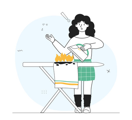 Woman with failed ironing. Young girl with iron stands near ironing board with burning Tshirt. Shocked and scared housewife with appliance. Linear vector illustration isolated on white backgroundのイラスト素材