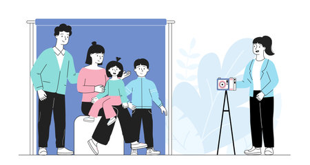 Family photo shoot. Photographer with camera takes photo of large family. Picture of parents and kids. Father, mother with son and daughter. Linear vector illustration isolated on white backgroundのイラスト素材
