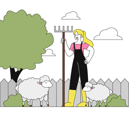Farmer with sheep. Young girl in uniform with rake feeds domestic animals and livestock. Farming and agriculture, rural scene. Linear vector illustration isolated on white backgroundのイラスト素材