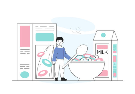 Boy with flakes. Young guy with spoon stands near huge bowl of cereal. Healthy morning breakfast with milk. Person with cornflakes. Linear vector illustration isolated on white backgroundのイラスト素材