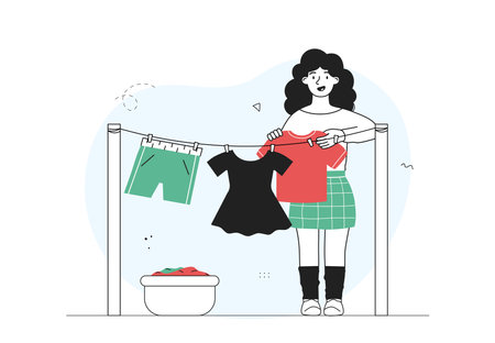 Woman hanging laundry. Young girl hangs wet clothes on rope. Housework, household chores and routine. Housewife with cleanliness and hygiene. Linear vector illustration isolated on white backgroundのイラスト素材