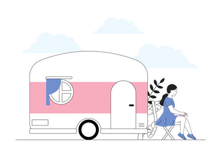 Woman near trailer. Young girl near pink van. Holiday and vacation in tropical and exotic countries. Person rest in summertime. Linear vector illustration isolated on white backgroundのイラスト素材