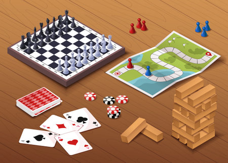 Isometric board games. Chess, playing cards and card with dice. Leisure, fun and entertainment. Chessboard with figures. Volumetric 3D vector collection isolated on brown backgroundのイラスト素材