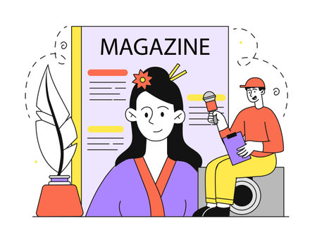Japanese magazine woman. Male editor of fashionable womens magazine. Beauty, elegance and aesthetics. Trending news and content. Linear vector illustration isolated on white backgroundのイラスト素材