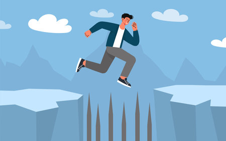 Man with obstacles at work. Young guy jumps over cliff. Entrepreneur and investor takes risks. Fearless and brave businessman with courage. Freedom and success. Flat vector illustrationのイラスト素材