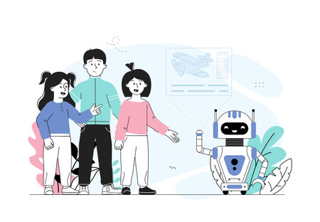 Kids with robot. Boy and girls greet robot. Modern technologies and innovations, machine learning and artificial intelligence. Mechanics and engineering. Linear vector illustrationのイラスト素材