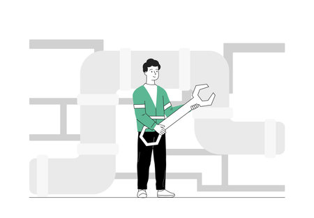 Plumber with wrench. Man in uniform with construction tool near pipes. Repairman and worker fix problems in house. Repairing and construction. Linear vector illustration isolated on white backgroundのイラスト素材