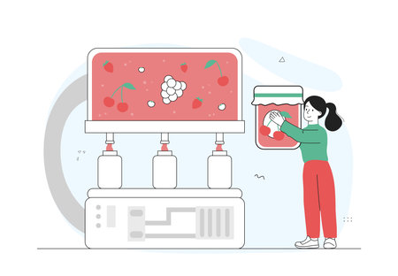 Production of jam. Woman at factory producing canned fruits and berries. Young girl with dessert and delicacy. Conveyor belt with jam. Linear vector illustration isolated on white backgroundのイラスト素材