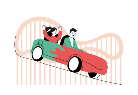 Roller coaster people. Man and woman in car ride on roller coaster. Young couple at fair and attractions. Fun and leisure outdoors. Linear vector illustration isolated on white backgroundのイラスト素材