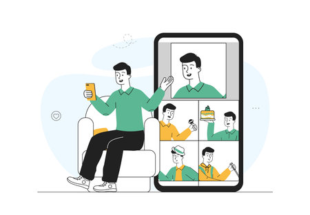 Man with selfie. Young guy with smartphone takes photo of himself. Blogger creates content for social networks. Phone with photographies. Linear vector illustration isolated on white backgroundのイラスト素材