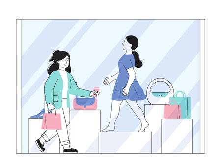 Woman near shop window. Young girl walks next to boutique window. Shopaholic near shopping center. Fashion, trend and style. Linear vector illustration isolated on white backgroundのイラスト素材