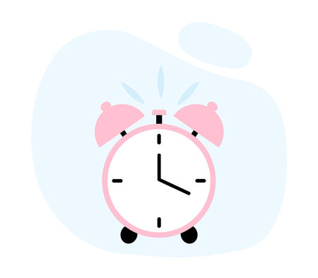 Pink alarm clock. Classical table timer. Sleep, dream, rest and recuperation. Gadget or device with correct daily routine and healthy lifestyle. Linear vector illustration isolated on white backgroundのイラスト素材