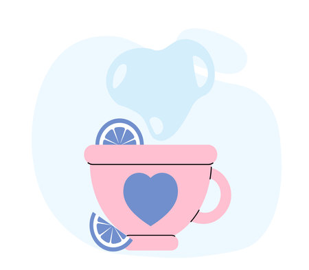 Tea with lemon for sleep. Herbal hot drink with lemon in pink cup. Sleep, dream, rest and recuperation. Graphic element for website. Linear vector illustration isolated on white backgroundのイラスト素材