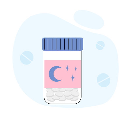 Melatonin pills concept. Blue and pink pillows. Sleep, dream, rest and recuperation. Medicines for sleep, pharmacy. Health care and medicine. Linear vector illustration isolated on white backgroundのイラスト素材
