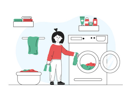 Girl washing things. Child puts dirty clothes in washing machine. Cleanliness and hygiene. Little helper and assistant doing household chores. Linear vector illustration isolated on white backgroundのイラスト素材