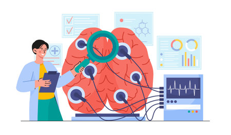 Doctor with brain check. Man in medical uniform evaluates brain with magnifying glass. Neurologist conduct researching. Tomography and electroencephalography. Flat vector illustrationのイラスト素材
