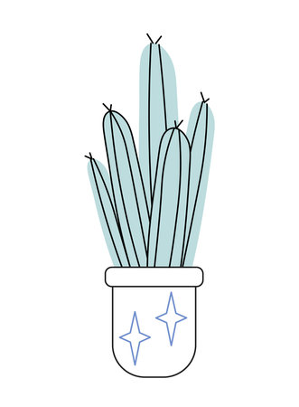 Cactus in flowerpot. Tropical and exotic leaves. Botany and gardening, horticulture. Succulent plant in pot. Template and layout. Linear vector illustration isolated on white backgroundのイラスト素材