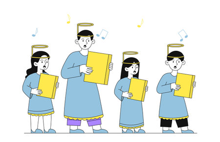 Childrens choir concept. Boys and girls in angel costumes with sheet music in their hands sing. Development of kids creative abilities. Performance on stage. Linear vector illustrationのイラスト素材
