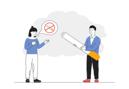 No smoking woman. Young girl refuses cigarette. Healthy lifestyle without negative habits and nicotine addiction. Person reject tobacco toxic product. Linear vector illustrationのイラスト素材