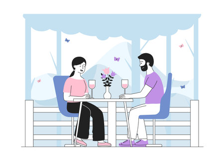 Romantic date in outdoors restaurant. Man and woman sitting at table with glasses of wine and champagne. Romance and love. Couple in cafe. Linear vector illustration isolated on white backgroundのイラスト素材