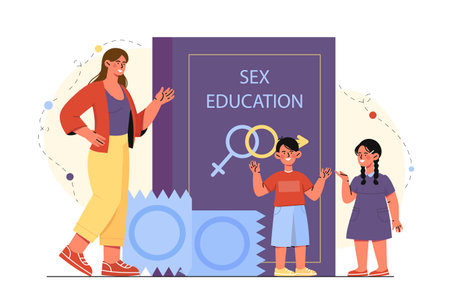 Sex education for kids. Woman teaches boy and girl about contraception and reproductive system. Training and learning for children. Flat vector illustration isolated on white backgroundのイラスト素材
