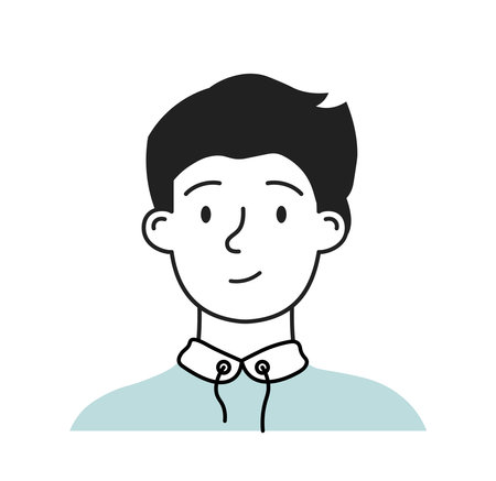 Minimalist social media avatar. Cute young boy. Picture for social networks and messenger. Profile at website. Schoolboy in shirt. Linear vector illustration isolated on white backgroundのイラスト素材