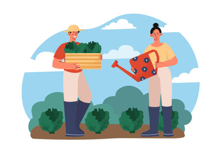 Farmers collect cabbage. Man and woman with watering can harvesting. Farming and agriculture. Family with harvest and crop. Fresh and natural vegetables. Flat vector illustrationのイラスト素材