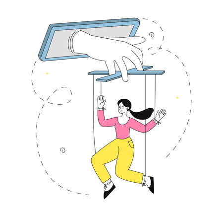 Woman suffers from manipulation. Big hand controls young girl on ropes. Toxic relationships and bad bosses. Mental and psychological problems. Linear vector illustration isolated on white backgroundのイラスト素材