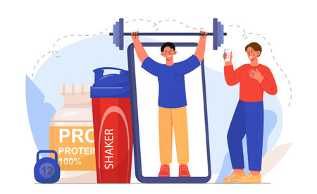 Sports blog concept. Man lifts barbell on smartphone screen. Active lifestyle and sports. Fitness and bodybuilding, powerlifting. Content in social networks. Flat vector illustrationのイラスト素材