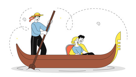 Tourists in Venice. Man and woman sailing on boat with gondolier. Travelers in Italy. Holiday and vacation, tourism. Historical vessel. Linear vector illustration isolated on white backgroundのイラスト素材