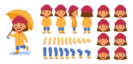 Autumn girl constructor set. Happy child running with umbrella in autumn and fall season. Pack of legs, hands and faces for creating animation. Flat vector collection isolated on white backgroundのイラスト素材