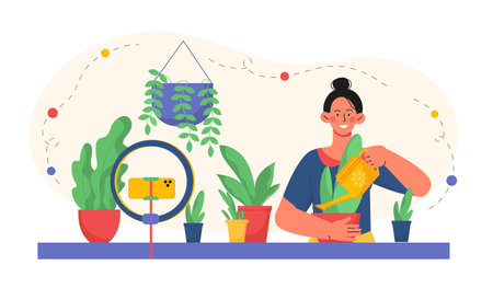 Florist blogger woman. Young girl plants plants in flower pots. Popular blogger creates interesting content. Floristry and botany. Flat vector illustration isolated on white backgroundのイラスト素材